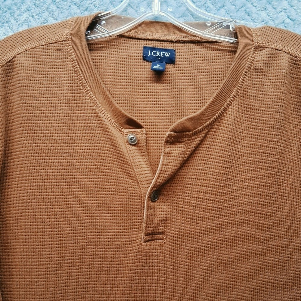 J.Crew Mens Waffle Knit Henley Shirt Brown Long Sleeve Size L Preppy Base Layer